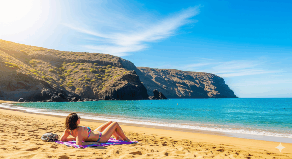 Température en décembre aux Canaries, une personne sur une plage ensoleillée